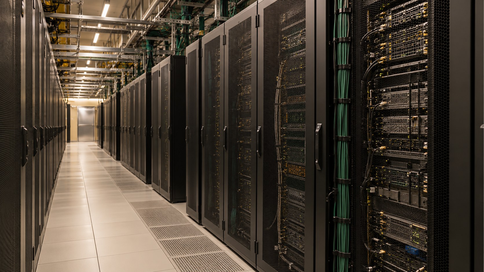 Long aisle between server racks in a compute center