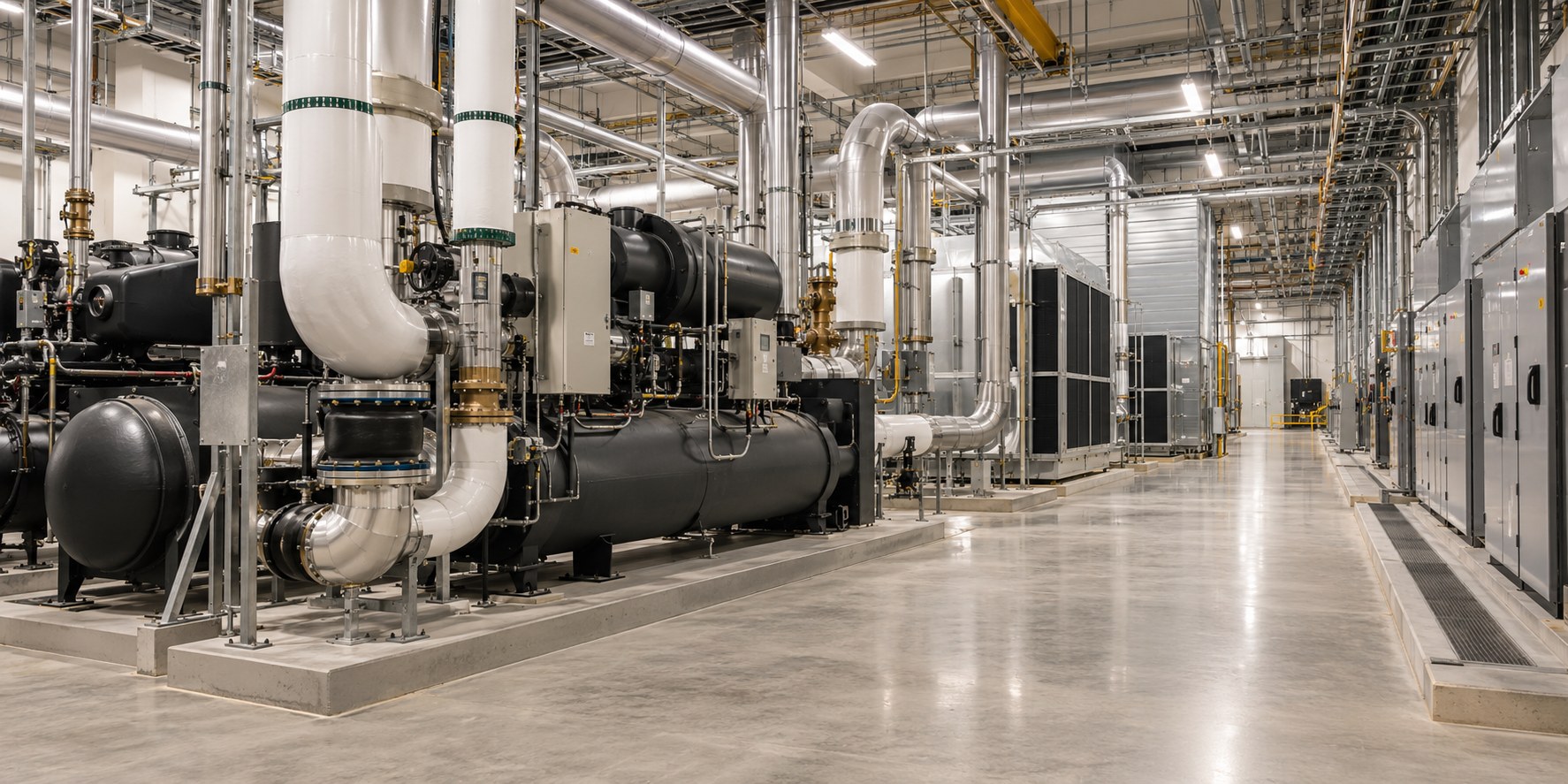 Industrial cooling and power equipment serving a data center